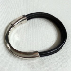 Black Leather Bracelet,Half Cuff Men Leather Bracelet, Zamak Magnetic Clasp, Silver Leather Bracelet