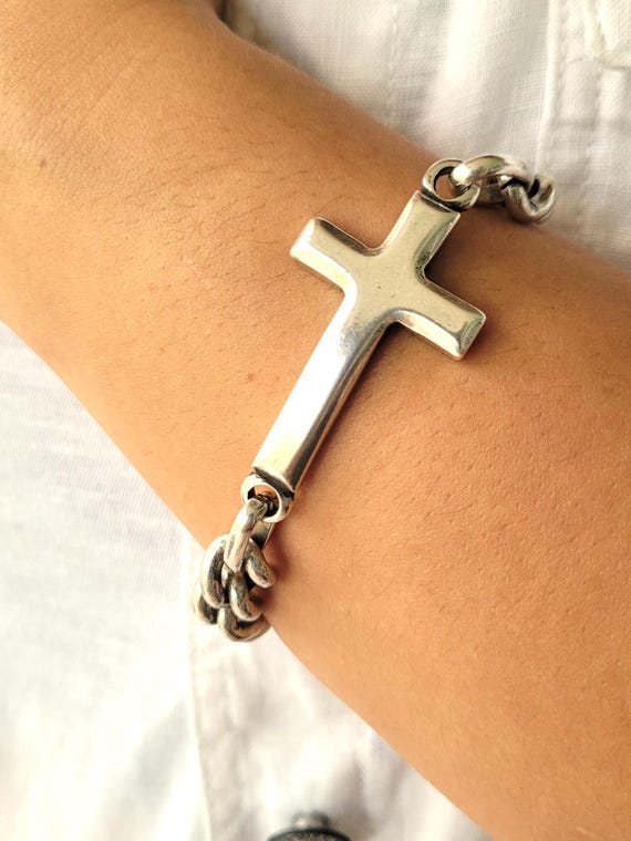 Silver Chunky Cross Bracelet Matte Silver Chain Bracelet