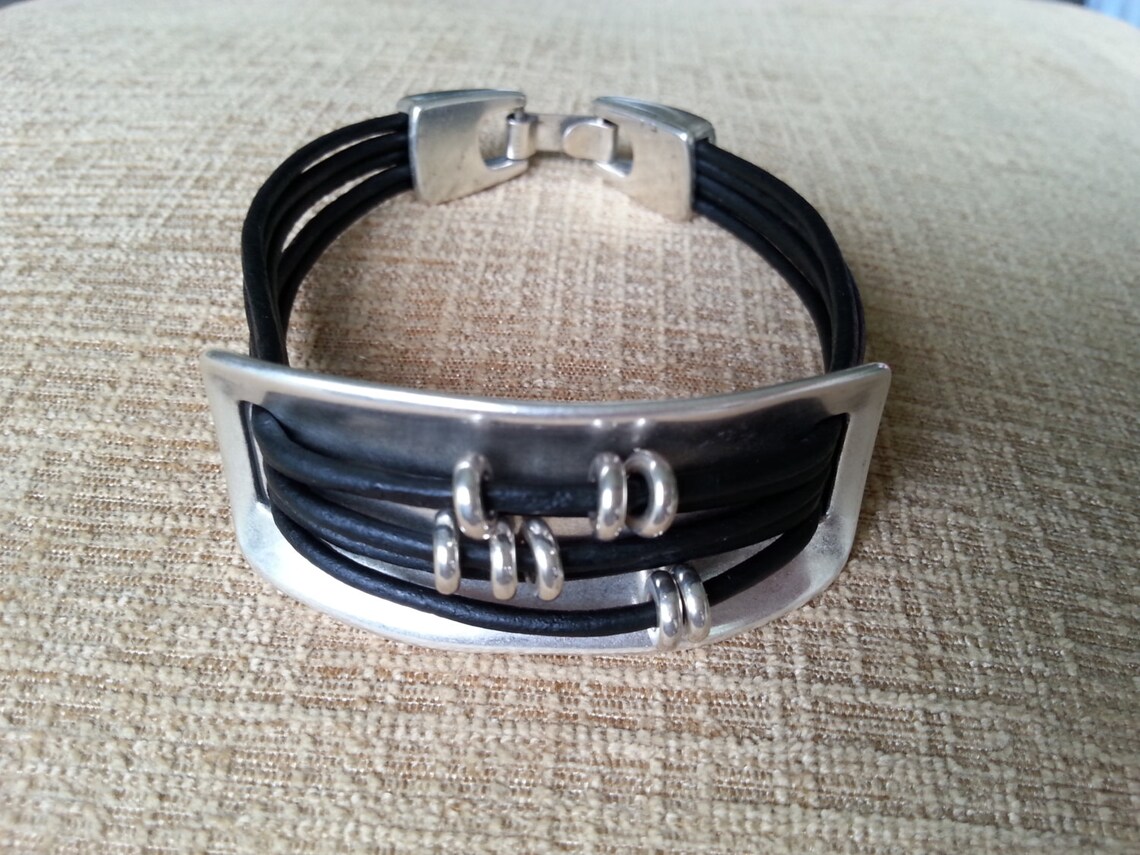 Black Leather Cuff Bracelet Zamak Connector Uno De 50 Style Etsy