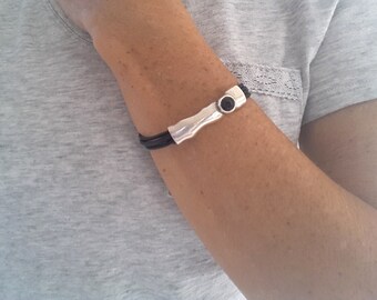 Black Leather Swarovski Crystal Bracelet, Sterling Silver Plated Boho Jewelry
