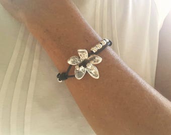 Leather Bracelet with Silver Flower, Boho Beaded Bangle