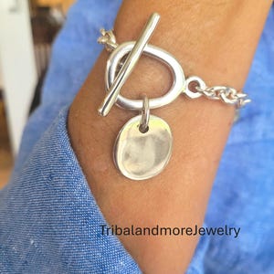 Chunky Sterling Silver Plated Chain Bracelet Uno de 50 Style Bangle Pendant Women Toggle Bracelet