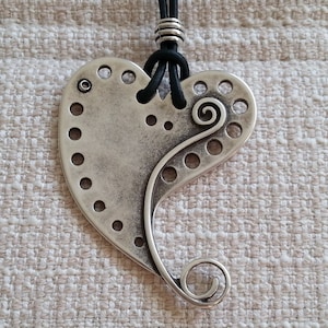 Long Leather Necklace Pendant Heart,Boho Necklace, Funky Necklace,Women Necklace,Silver Button Clasp