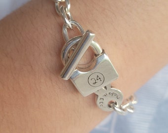 Sterling Silver Plated Bracelet: Chunky Lock & Key Silver Chain Bracelet Toggle Clasp