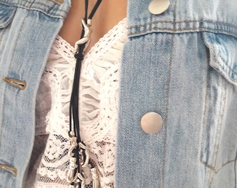 Leather Boho Necklace, Sterling Silver Plated Pendants