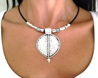 Leather Boho Necklace, Sterling Silver Plated Pendant