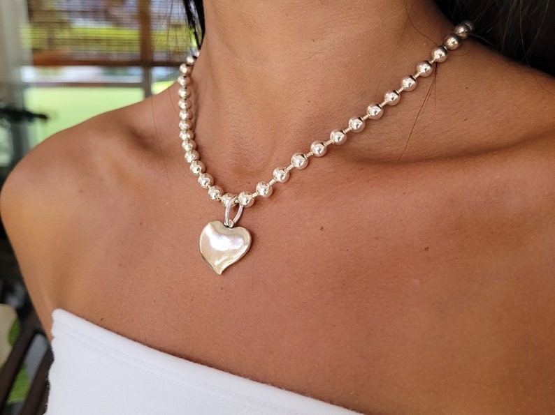 Chain Necklace,Silver Chunky Ball Necklace,Heart Necklace Uno de 50 Style Necklace,Chunky Chain Choker,Boho Necklace Women Gift image 2