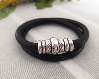 Cognac Leather Wrap Bracelet, Zamak Silver Magnetic Clasp