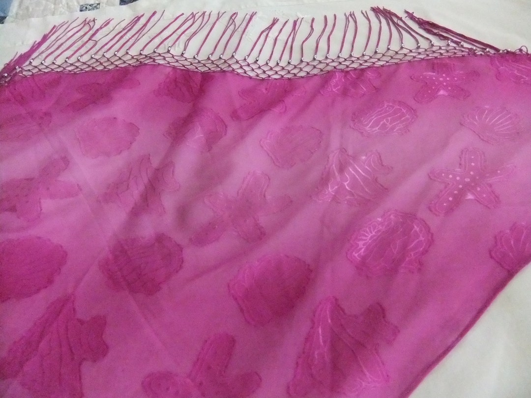 Berry Pink Terivoile Shawl, Triangle Shape, With Silver Beads and
