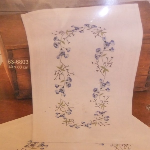 Table Topper Embroidery Kit by Permin of Copenhagen, #27-6803, White Cotton with Blue Flowers, 32" by 32"