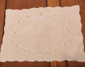 White on White Embroidered Doily, Scalloped Edge, with Flowers and Eyelets