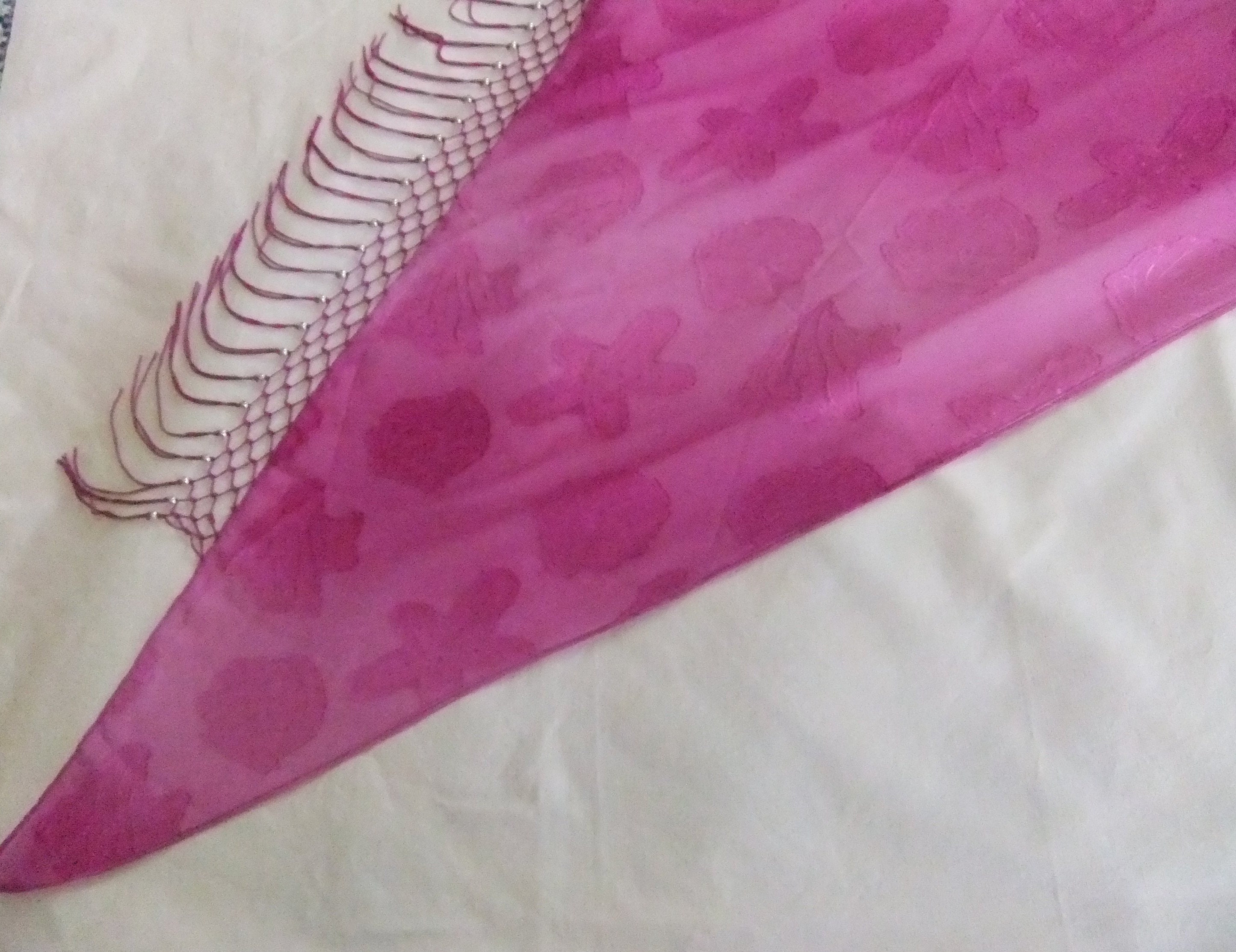 Berry Pink Terivoile Shawl, Triangle Shape, With Silver Beads and