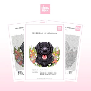May include: Black Lab and Wildflowers diamond painting kit. The kit includes a black lab with a happy expression surrounded by colourful wildflowers. The kit is 28 inches wide by 38 inches high (71 cm x 97 cm).