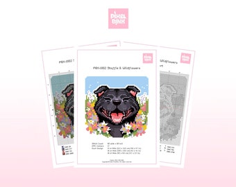 Staffie Cross Stitch Pattern with Wildflowers | Staffordshire Bull Terrier PDF | Cottagecore