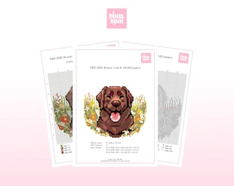 Brown Labrador Cross Stitch Pattern with Wildflowers | Chocolate Lab PDF | Cottagecore Stitch