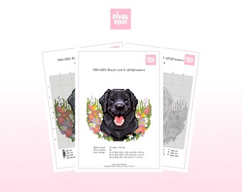 Black Labrador Cross Stitch Pattern with Wildflowers | Cottagecore Lab PDF | Dog Embroidery