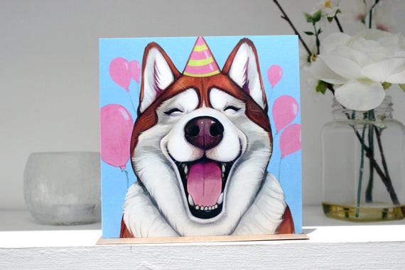 Carte Danniversaire De Happy Husky Rouge Etsy