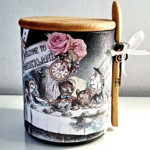 Alice in wonderland bath salt jar. Alice in wonderland decor. Alice in wonderland gift. Mad Hatters tea party. Bath salt storage. image 1