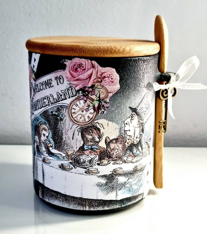 Alice in wonderland bath salt jar. Alice in wonderland decor. Alice in wonderland gift. Mad Hatters tea party. Bath salt storage. image 1