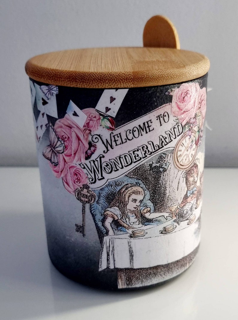 Alice in wonderland bath salt jar. Alice in wonderland decor. Alice in wonderland gift. Mad Hatters tea party. Bath salt storage. image 3