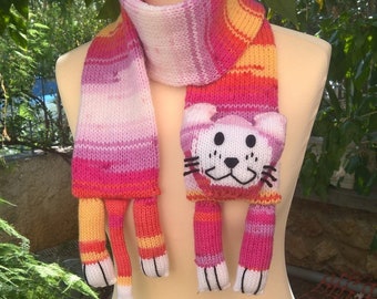 Knit Cat Scarf Animal Scarf for Kids and Adults Pink Yellow Lilac