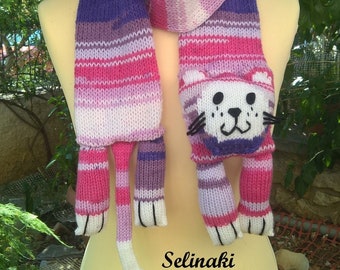Knit Cat Scarf Multi Color Animal Scarf for Kids and Adults Pink Purple