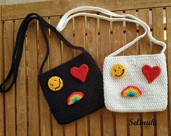 Handmade Crochet Crossbody Bag Rainbow Love Happy Emoji Patches Ecru Black
