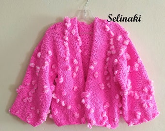 Handknitted Neon Candy Pink Pompom Cardigan