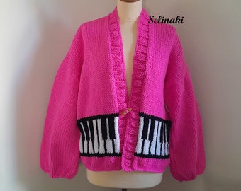 Hand Knitted Piano Cardigan Hot Pink Music Cardigan