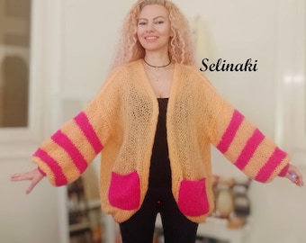 Hand Knitted Mohair Cardigan Apricot Fuschia with Pockets