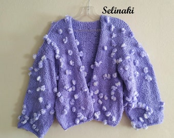 Handknitted Lilac White Pompom Cardigan