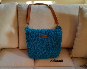 Handmade Crochet Vegan Teddy Fur Blue Bag