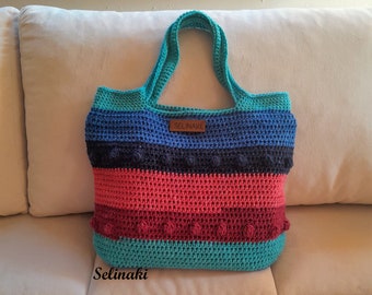 Handmade Crochet Vegan Cotton Colorful Stripes Bag Blue Bordeux