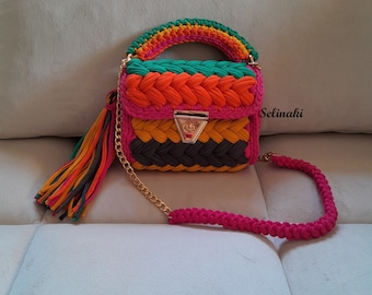 Hand Crochet Colorful Bag Vegan Pink Orange Green