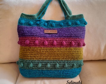 Handmade Crochet Vegan Cotton Colorful Stripes Bag Blue Green Purple