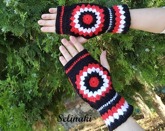 Granny Square Crochet Fingerless Gloves Black White Red