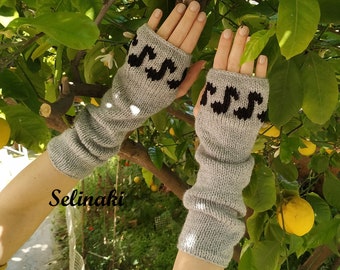 Knit Music Notes Long Fingerless Gloves Gray Wrist Warmers