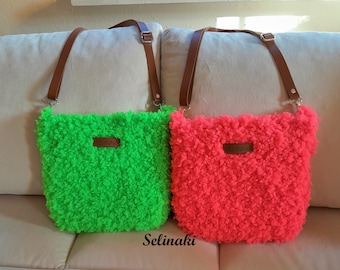 Handmade Crochet Vegan Teddy Fur Neon Pink Neon Green Bag