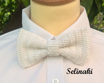 Hand Knit Crochet Bow Tie White Adjustable