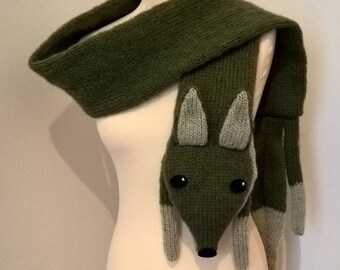 Knit Green Angora Wool Fox Scarf Long Animal Scarf