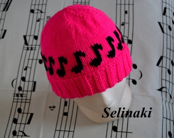 Knit Music Notes Hot Pink Hat Beanie Neon Pink