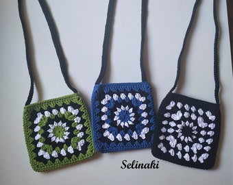 Crochet Granny Square Crossbody Bag Blue Green Black