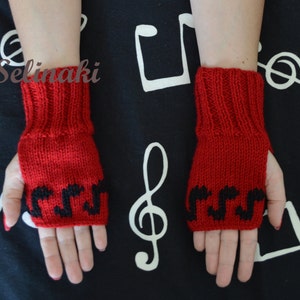 Knit Music Notes Fingerless Gloves Red Mittens Hand Wrist Warmers image 2