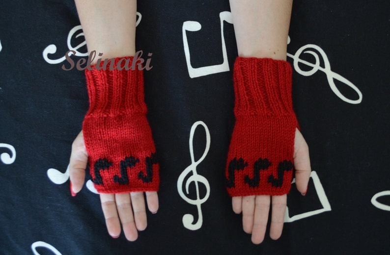 Knit Music Notes Fingerless Gloves Red Mittens Hand Wrist Warmers image 2