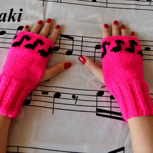 Tricot Musique Notes Gants Sans Doigts Rose ChaudRons Chauffe-Mains Poignet Rose Néon Rose