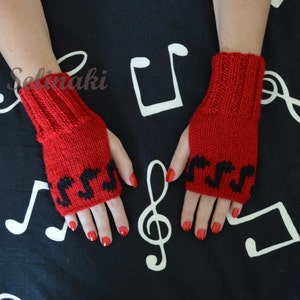 Knit Music Notes Fingerless Gloves Red Mittens Hand Wrist Warmers image 1