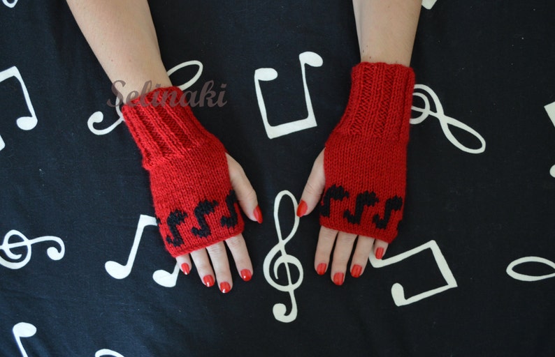 Knit Music Notes Fingerless Gloves Red Mittens Hand Wrist Warmers image 1