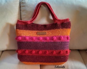 Handmade Crochet Vegan Cotton Colorful Stripes Bag  Red Bordeux Pink Orange Purple