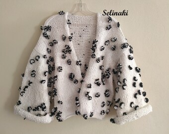 Handknitted White Black Pompom Cardigan