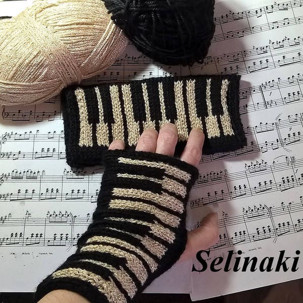 Knit Golden Piano Fingerless Gloves Gold Glitter Mittens Hand Wrist Warmers Music